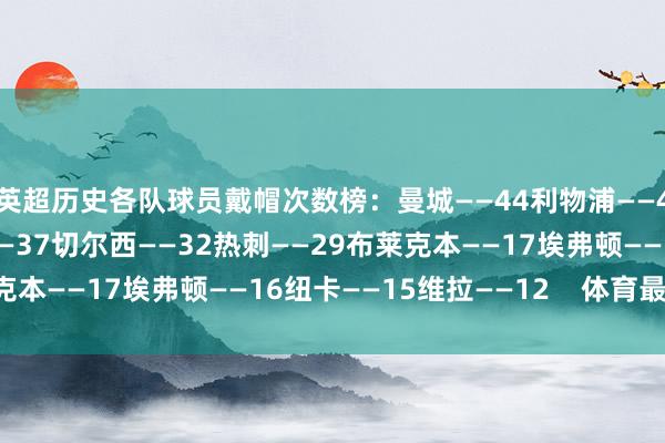 英超历史各队球员戴帽次数榜：曼城——44利物浦——42阿森纳——41曼联——37切尔西——32热刺——29布莱克本——17埃弗顿——16纽卡——15维拉——12    体育最新信息